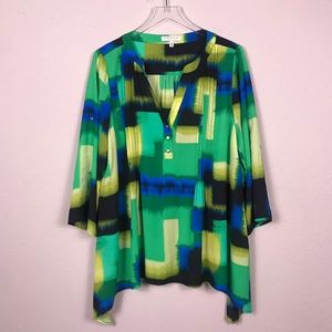 Chaus New York Popover Top Blue Green Blouse Sz XL